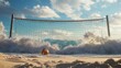 © NUZHAT - Beach volleyball net and ball with waves crashing on a sunny day