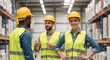 © Vasiliy - Confident female warehouse worker smiling at the camera with colleagues. Diverse team of logistics professionals in a large distribution center. Teamwork and industrial safety concept