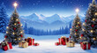 © mansukon - Festive christmas scene with decorated trees and gifts in a snowy mountain landscape