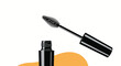 © Protik - Close-up of a black mascara wand and tube against a white and orange background.
