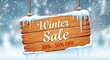 © PixMix - Get ready for winter discounts with this festive wood sign offering 20-50% off your favorite products during the snowy season sale now
