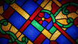 © MEO - Intricate Stained Glass Panel with Geometric and Floral Design in Vibrant Colors