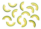 Scattered slices of fresh green avocado fruit arranged randomly on a clean transparent background, isolated on transparent background