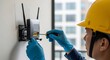 © Margarita Ratatosk - Caucasian man technician installing wi-fi router on wall with screwdriver for home networking. Internet service provisioning and repair concept.