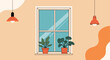 © Norman - Cozy room interior scene with two green potted plants sitting on a windowsill between two hanging lamps with orange shades.