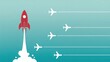 © MediaStockAI - Stylized depiction shows a red spacecraft ascending rapidly past multiple horizontally flying airplanes