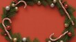 ©  SABBIR  - Christmas wreath with candy canes and ornaments on red background