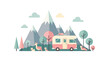 © Fendi - Vector illustration of a scenic mountain landscape featuring a retro camper van, trees, and stylized animals, perfect for travel and outdoor themes