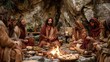 © Oleh - Jesus christ sitting with his twelve disciples in a cave, sharing a meal around a campfire, depicting a religious scene of biblical fellowship and spiritual community