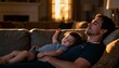 © Running opossum - peaceful moment between father and child napping on cozy couch in warm living room lighting