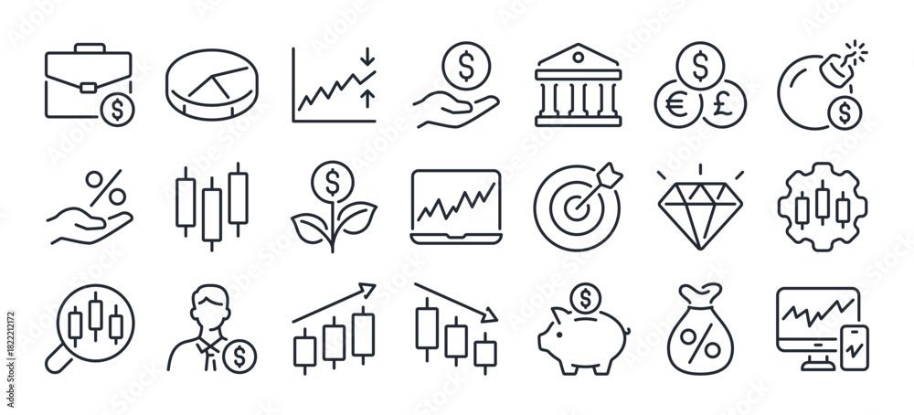 Stock market and financial investment editable stroke outline icons set ...