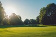 © rizky - Sunny golf course with a vibrant green, flagstick, and bunkers under a clear blue sky with a sunburst.
