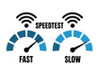 © irfan meladi - Two speedometers show fast and slow internet connection speeds with Wi-Fi symbols.