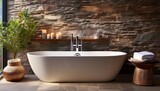 a serene bathtub scene highlighting elegant bathroom fixtures and natural stone walls for a relaxing home spa experience