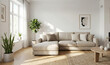 © AIGenVision - Interior de sala de estar minimalista estilo escandinavo con sofá beige y luz natural.