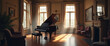 © Vadym - Grand piano rests in a sunlit, elegant room. Tall windows with cream drapes let light stream onto the polished wood floor. Cozy armchairs and ornate fireplace create a classic ambiance.