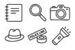 © David - Hand-drawn doodle icons of detective equipment including a camera, flashlight, notebook, magnifying glass, fedora hat, and police line tape for a crime scene investigation concept