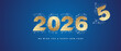 © simbos - New Year 2026 golden shining bold typography logo with many stars and stardust in the shape of 2026 over all. end of 2025 and beginning of a new year white gold blue background greeting card