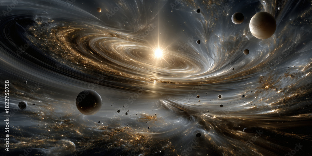 Golden cosmic vortex with planets in deep space 素材庫插圖 | Adobe Stock
