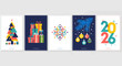 © Team Work - Collection of five modern christmas and new year 2026 greeting cards featuring geometric christmas tree, colorful gift boxes, snowflake, ornaments, and year 2026 text