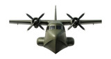 Amphibious military transport plane featuring a boat-like hull and elevated wings.