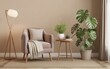 © Malik - Relaxing living room scene with cozy armchair, modern lamp, and lush monstera plant in a tranquil setting, perfect for showcasing home design trends