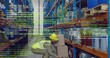 © vectorfusionart - Crouching worker wearing hi-vis vest, helmet, handling boxes in warehouse aisle with code overlay