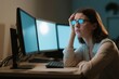 © Tonton1541 - Presbyopia Woman concept. Frustrated woman with glasses staring at multiple computer screens.