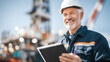 © venusvi - A smiling engineer in a hard hat reviews plans on a tablet at a construction site, embodying expertise and safety in the industry.