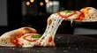 © Tuti_Studio - A mouthwatering slice of hot pizza with a dramatic mozzarella cheese pull and fresh toppings