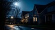 © Bejo - A tranquil suburban neighborhood street at night, with homes and detailed architecture softly illuminated by a bright full moon