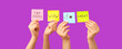 © Pixel-Shot - Women with reviews on purple background. Customer experience concept