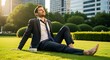 © mockup background - Mature Businessman Resting Barefoot, Park Relaxation Work Life Balance, Escaping From Work Stress, Feeling Free Outdoors