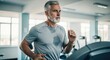 © mlangsen - Focused senior man with grey hair runs on a treadmill, sweating from exertion