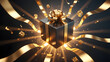 © @ak - Dark luxury gift box with golden ribbon and sparkling confetti exploding outwards in a dramatic celebration concept