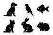 © Valentin - Silhouette icons of common pets: dog, cat, rabbit, fish, bird, hamster.