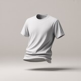 White sports t-shirt mockup. Short sleeve slim fit tshirt floating in the air, invisible model, plain background. Unisex crewneck tee, blank shirt template