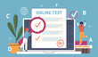 © YummyBuum - Successful test completion. Modern education, students take online exam, choosing right option, happy people rejoice, huge computer and tiny people cartoon nowaday vector concept