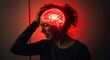 © Flash memory - Woman suffering from a severe headache or migraine with a glowing red brain. Medical condition and health problem concept. Pain.