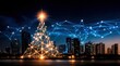 © Alex Volkov - Christmas tree shape formed by neural network lights over modern city skyline at night