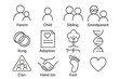© Valentyna - Kinship Icons Collection. Line style icons of Kinship Studies: Parent, Child, Sibling, Grandparent; Marriage Ring, Adoption Paper,