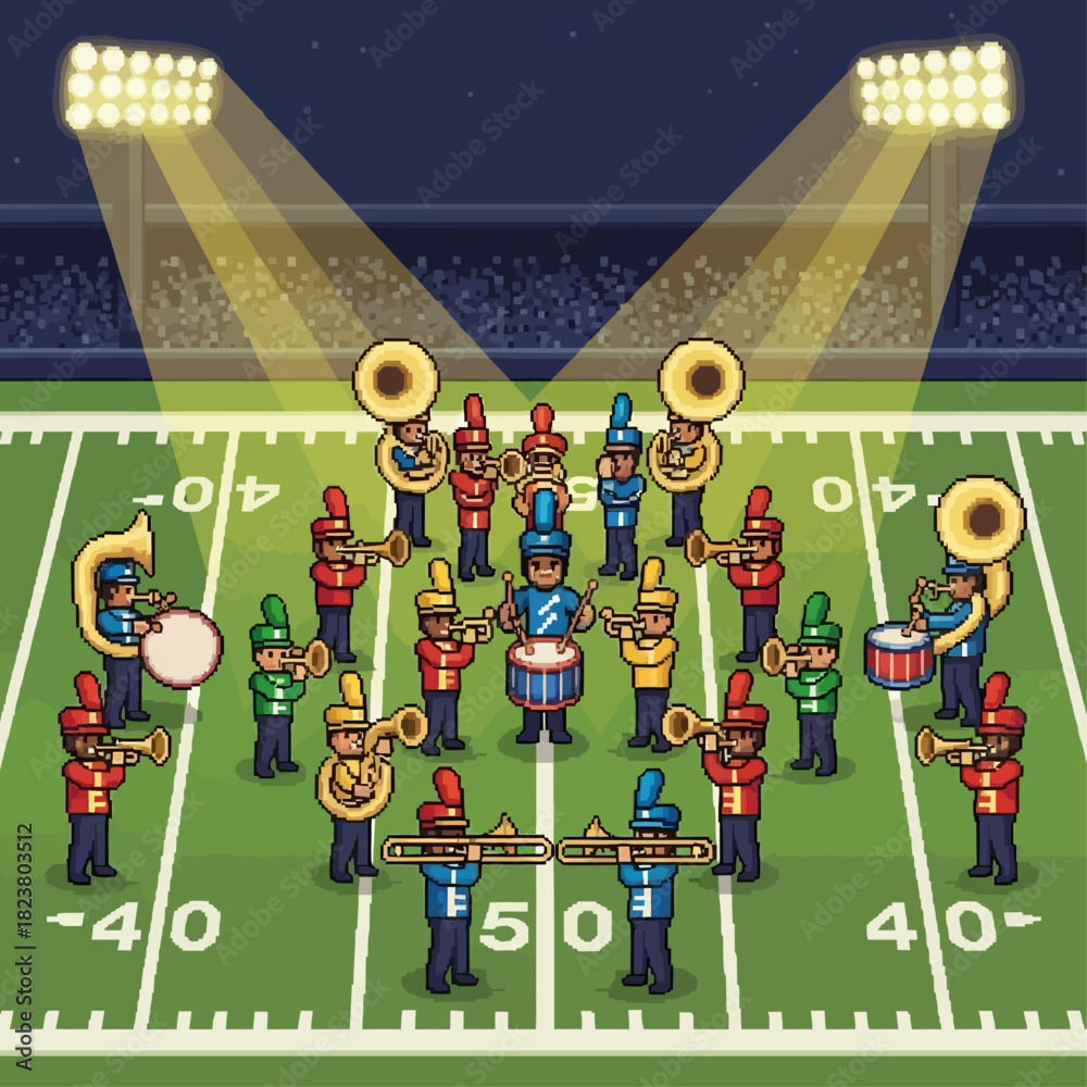 Colorful pixel art scene of a marching band's musical halftime show on ...