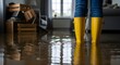 © ArtSync Studio - Water Damaged House Interior With Person Wearing Yellow Boots After Flood