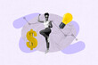 © deagreez - Pop image collage of person stand win on purple background with money bag light bulb