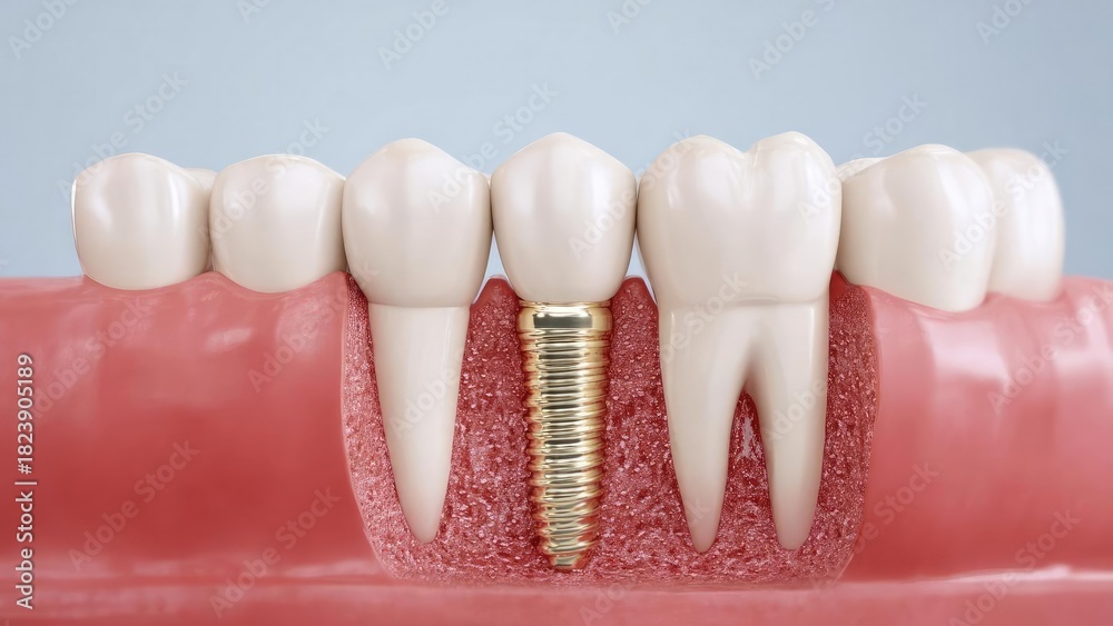 A dental implant with a crown replacing a missing tooth between two ...