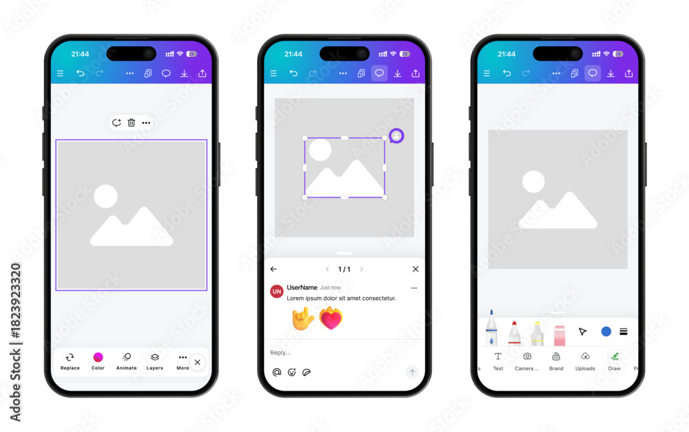 Canva mobile app UI design 2026 with splash screen, main page, photo ...