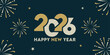 © Vector Jungle - 2026 Happy New Year celebration background, New Year 2026 banner design featuring bold modern typography, festive gold and white fireworks ideal for holiday greeting cards, posters, and social media