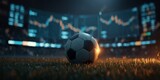 Close-up of soccer ball on green grass, stock market data shown in background. Concept for sports business, financial investment and trading strategy