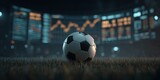 Soccer ball on field at night with glowing data board showing trends, betting odds. Concept for sports gambling, financial forecast and game statistics