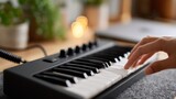 Digital Music Creation - Hand Playing Electronic Keyboard in Home Studio for Creative Sound